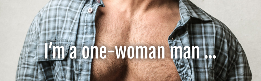 A man with no shirt on and the words " one-woman " written underneath him.