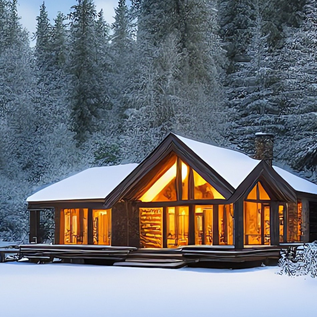 A cabin in the woods with snow on it