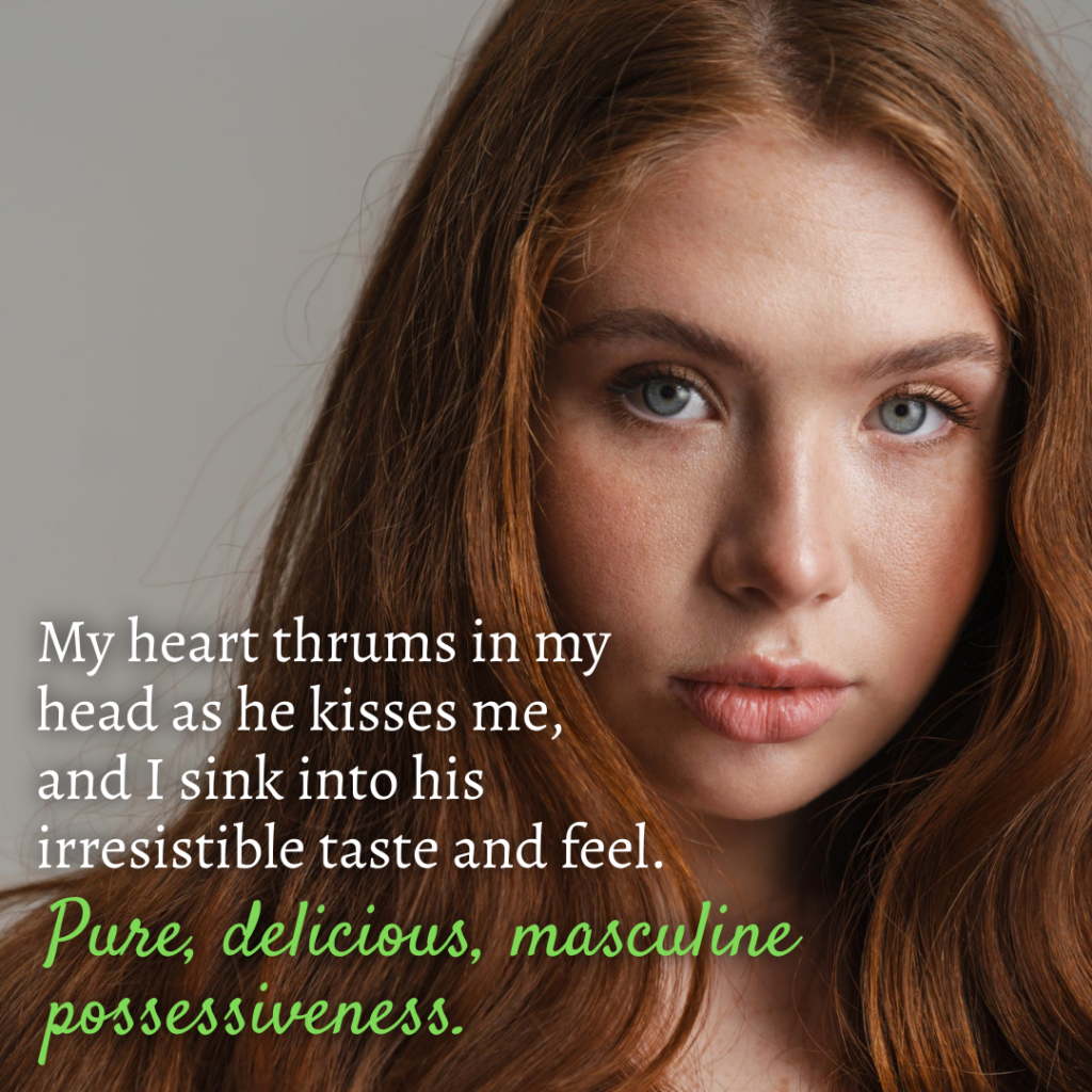 A woman with red hair and green eyes.