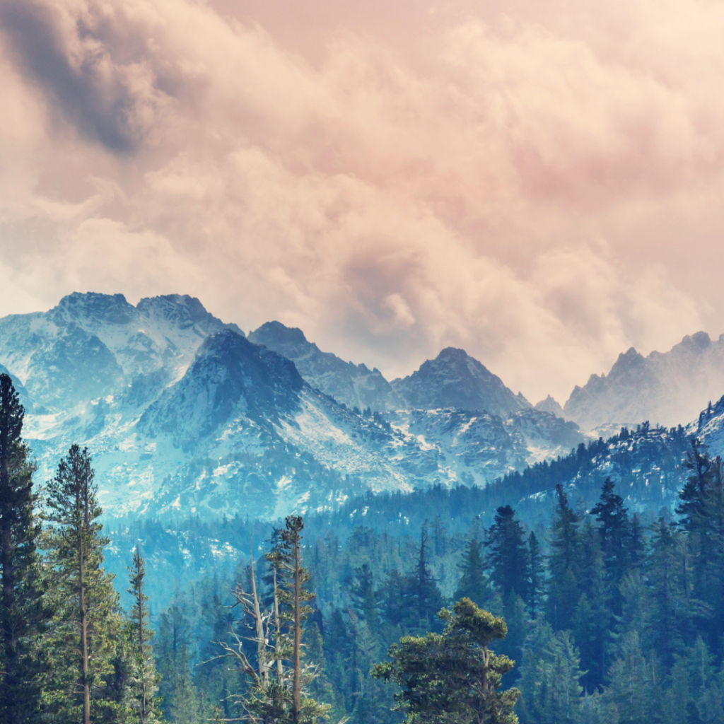 A mountain range with trees in the foreground.