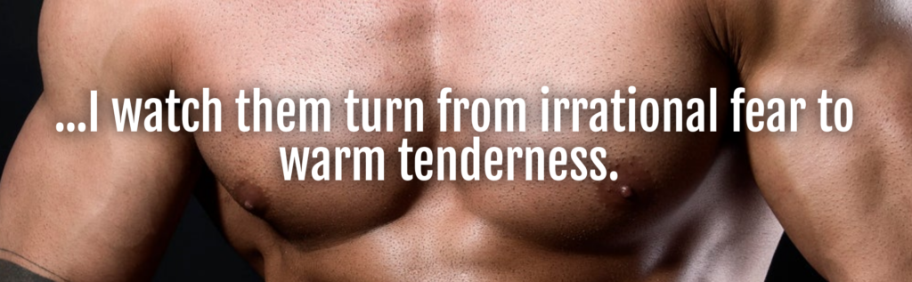 A man with his chest exposed and the words " i can turn from irritation to arm tenderness ".
